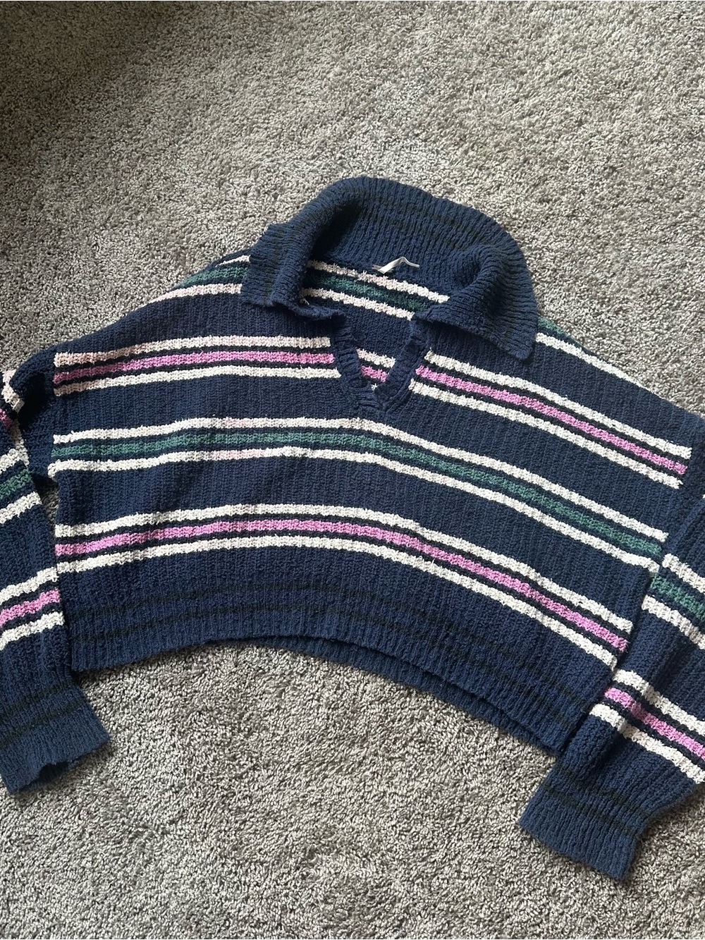 Free People Navy Cropped V-Neck Sweater with Pink, Green & Cream Stripes